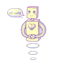 pixel art of smiling robot with heart on its chest, hovering, text bubble saying 'ur cute'